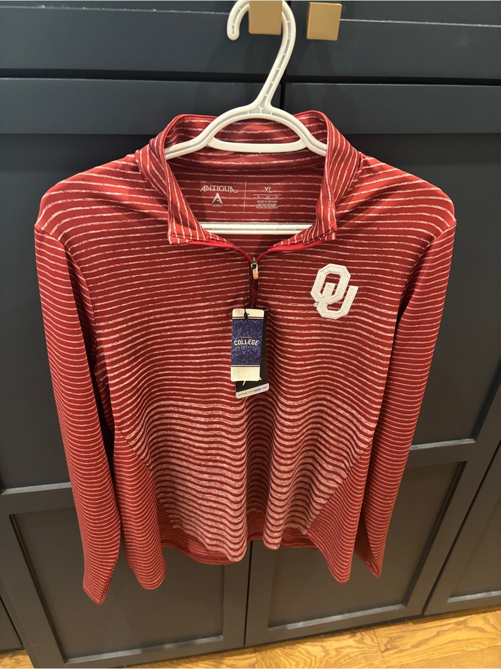 Antigua Crimson Striped Quarter-Zip with OU logo
